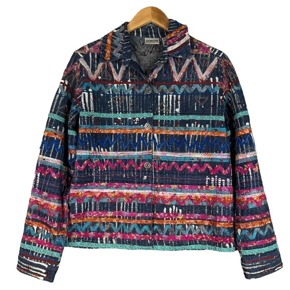 Chico’s Embroidered Denim Jacket Size 0 Multicolor Boho Festival Statement Coat - Picture 1 of 11